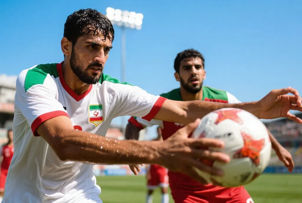 伊朗队球员在赛场上顽强防守，展现出极强的身体对抗与坚毅表情